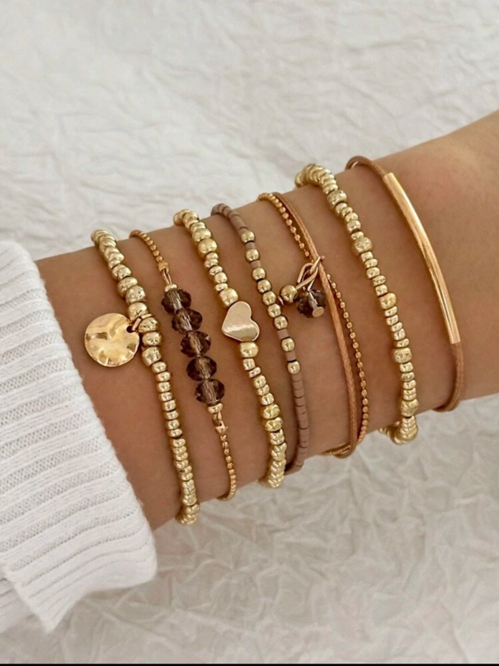 Gold and Brown Beaded Stackable Bracelet Set